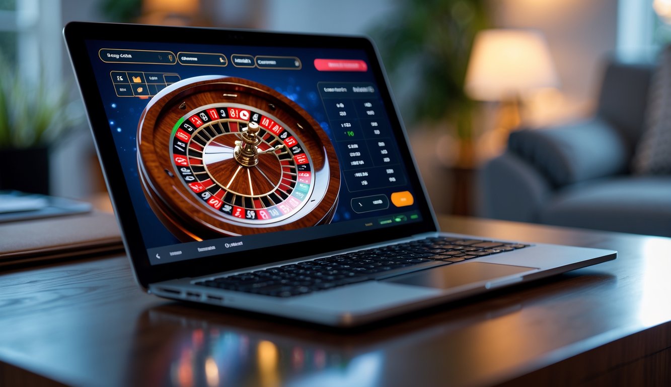 Layar laptop menampilkan permainan roulette online dengan roda roulette berwarna merah dan hitam serta opsi taruhan digital, di atas meja kayu dengan latar belakang ruangan rumah yang samar.