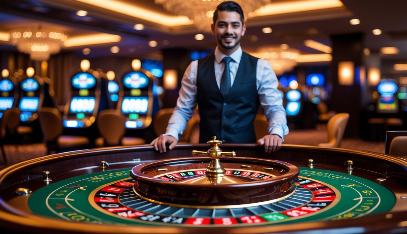 Seorang dealer profesional sedang mengoperasikan meja roulette di kasino dengan suasana mewah dan pencahayaan hangat.