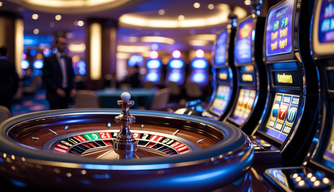 Meja roulette modern dan mesin slot di dalam kasino mewah dengan pencahayaan hangat dan suasana yang ramai.