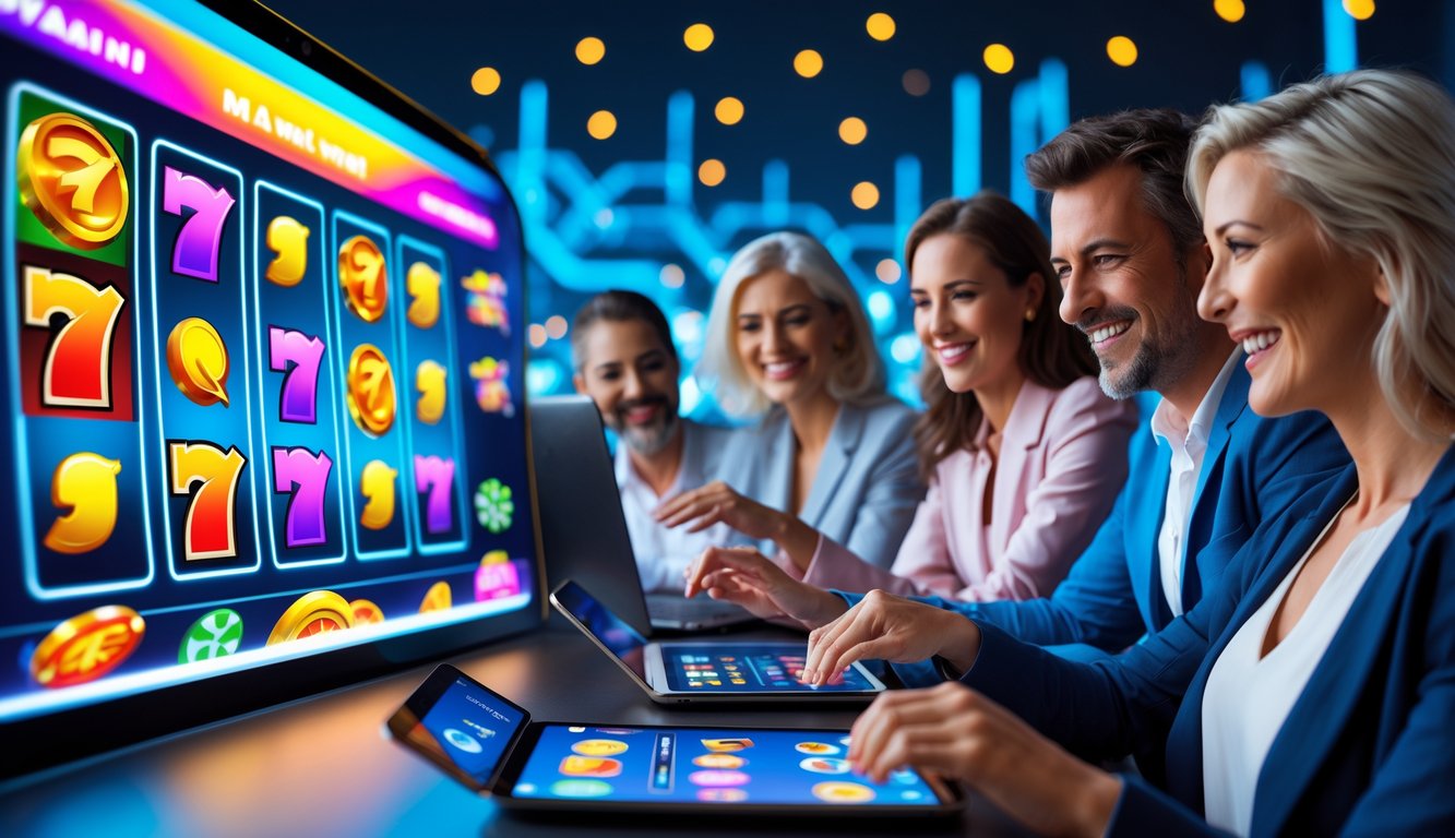 Orang-orang sedang bermain permainan slot online dengan perangkat digital di lingkungan modern yang cerah dan penuh warna.
