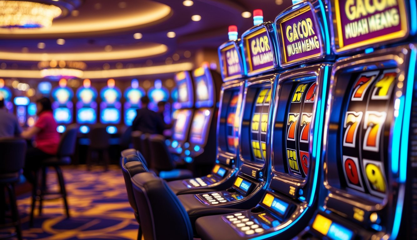 Mesin slot modern dengan gulungan berwarna cerah yang menunjukkan kombinasi kemenangan di latar kasino yang ramai.