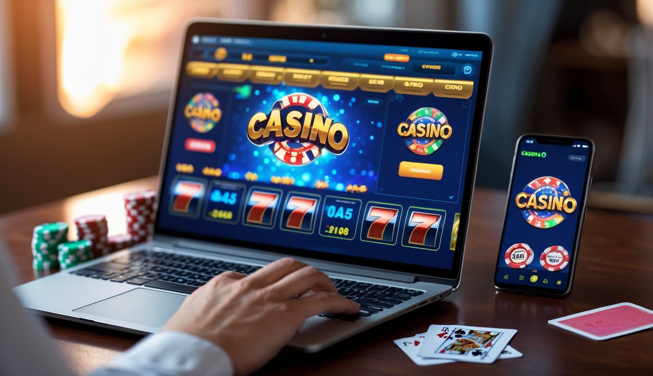 Tangan seseorang menggunakan laptop dengan tampilan permainan slot online di layar, di atas meja dengan chip poker dan kartu remi.