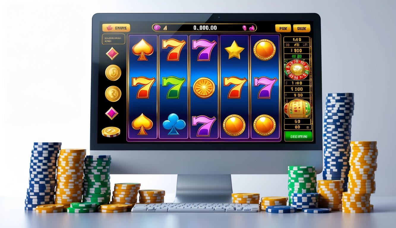 Sebuah komputer dengan permainan slot online yang menampilkan gulungan berwarna cerah dan tumpukan chip kasino di sekitarnya.