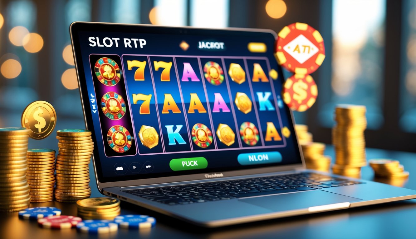 Seorang pria menggunakan laptop dengan tampilan permainan slot berwarna-warni dan koin emas di sekitarnya.