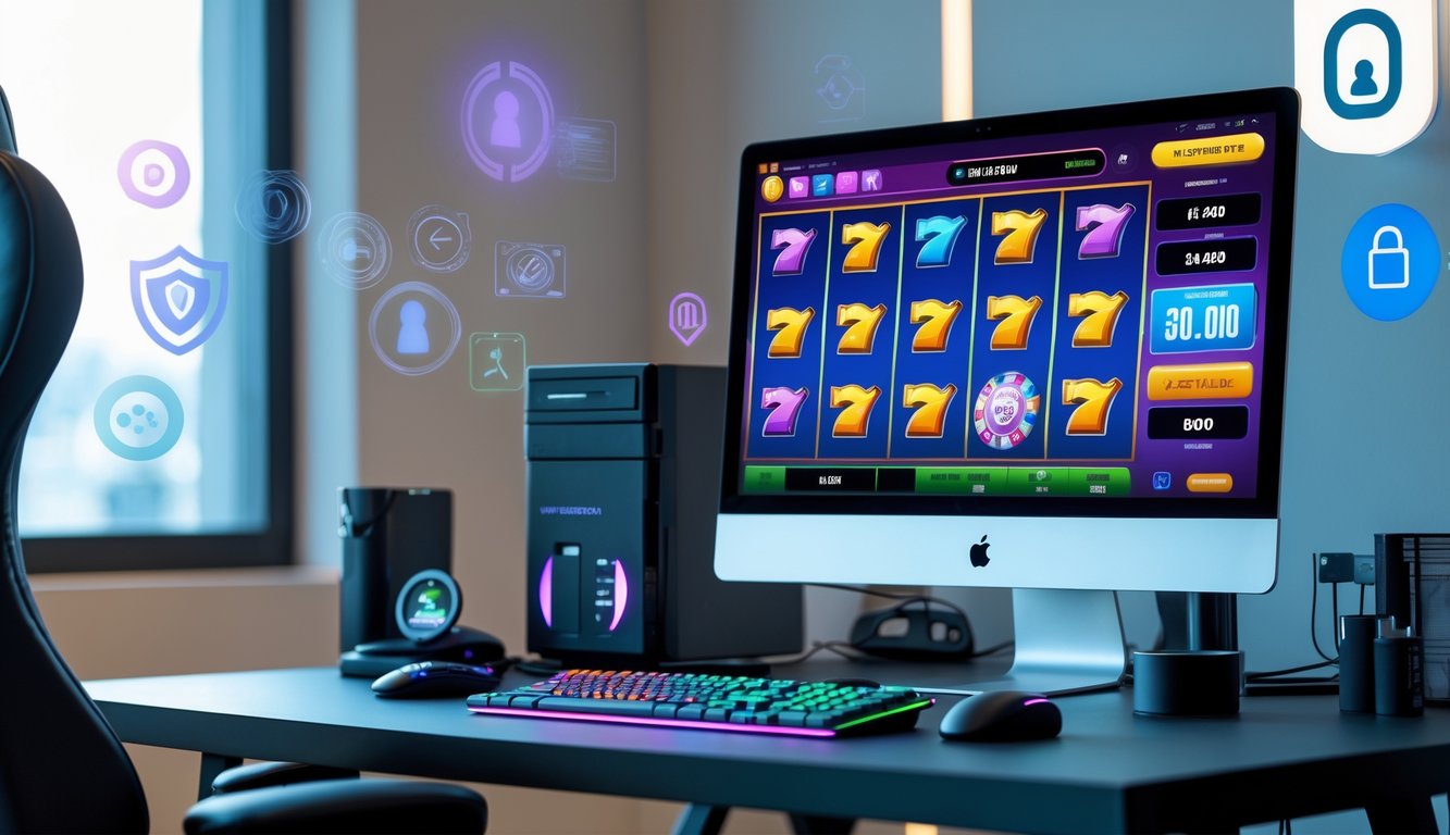 Sebuah meja dengan komputer menampilkan permainan slot online yang berwarna-warni, dikelilingi simbol keamanan seperti gembok dan perisai.
