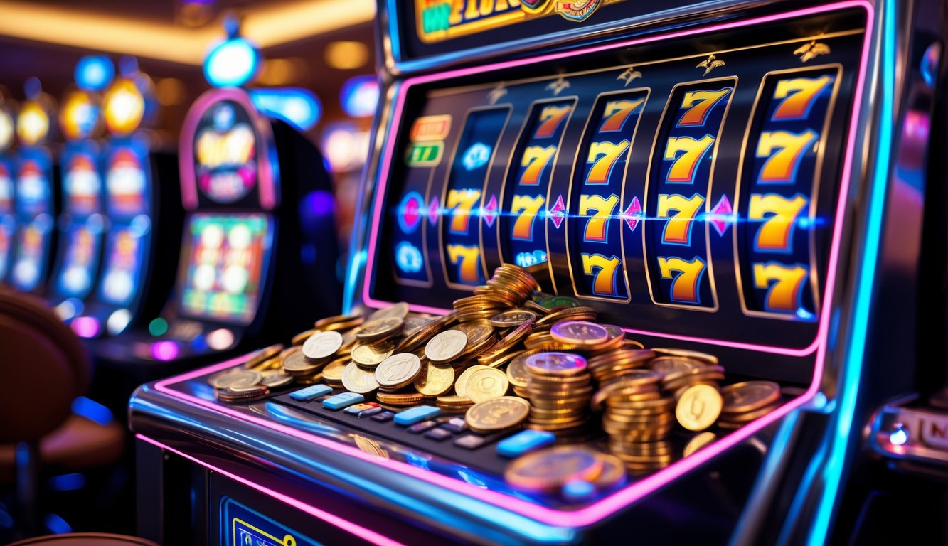 Mesin slot modern dengan lampu berwarna cerah dan koin serta chip kasino tumpah dari tempat pembayaran, menunjukkan kemenangan jackpot besar.