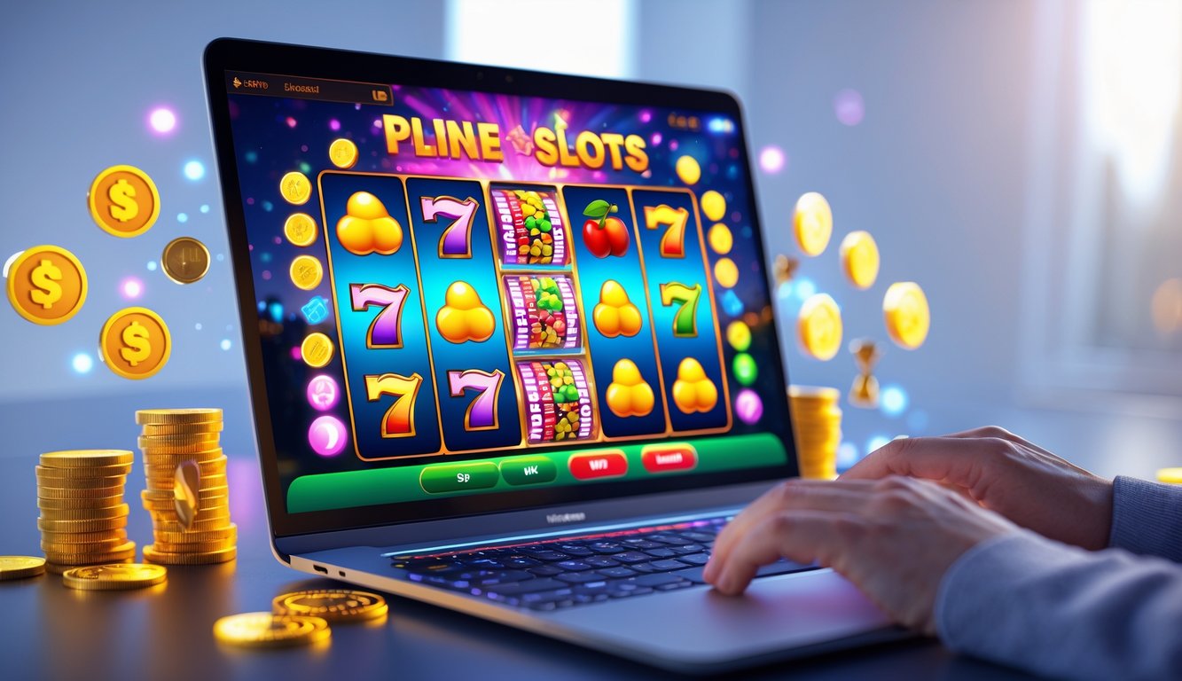 Layar komputer menampilkan permainan slot online dengan simbol berwarna cerah dan koin yang bersinar di sekitar, menunjukkan suasana permainan yang menyenangkan dan mudah menang.