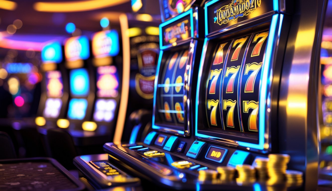 Mesin slot modern dengan gulungan berwarna-warni yang sedang berputar di dalam kasino yang terang dan ramai.