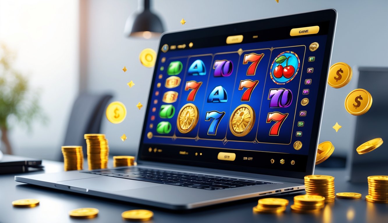 Suasana ruang kerja modern dengan komputer menampilkan permainan slot online yang berwarna-warni dan elemen simbol keamanan di sekitarnya.