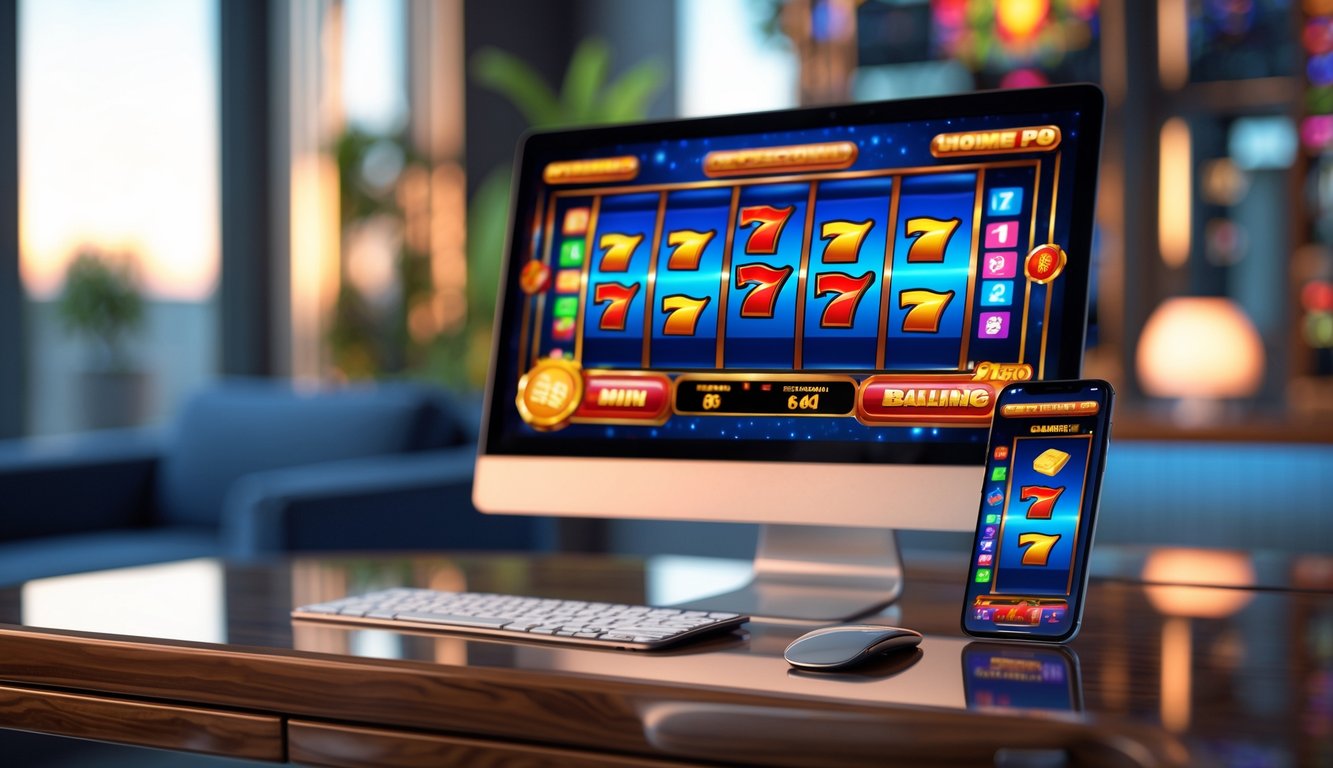 Suasana ruang kerja modern dengan komputer dan ponsel menampilkan permainan mesin slot online yang berwarna-warni.