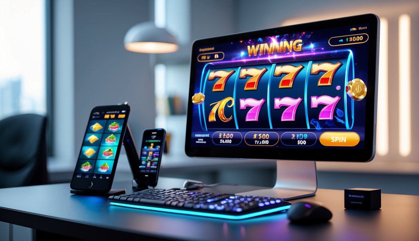 Sebuah komputer dengan layar menampilkan permainan slot online yang sedang berjalan di sebuah meja kerja modern.