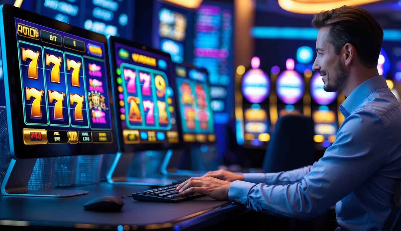 Seseorang menggunakan komputer dengan tampilan permainan slot online di layar di sebuah ruang kerja modern.