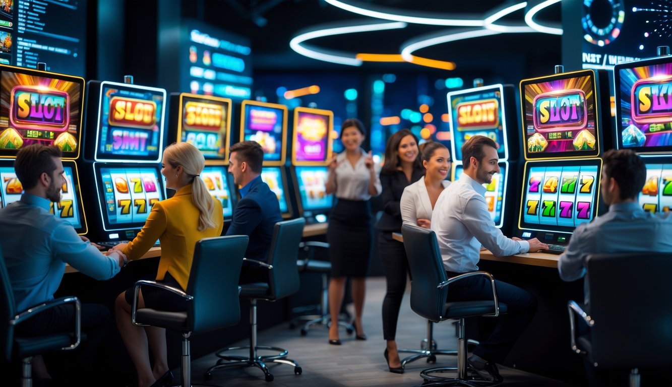 Orang-orang menggunakan komputer dengan layar menampilkan permainan slot online berwarna-warni di ruang kerja modern.