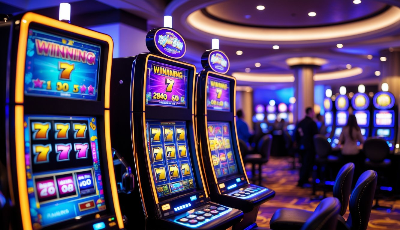 Suasana kasino modern dengan mesin slot yang menyala dan beberapa orang sedang bermain.