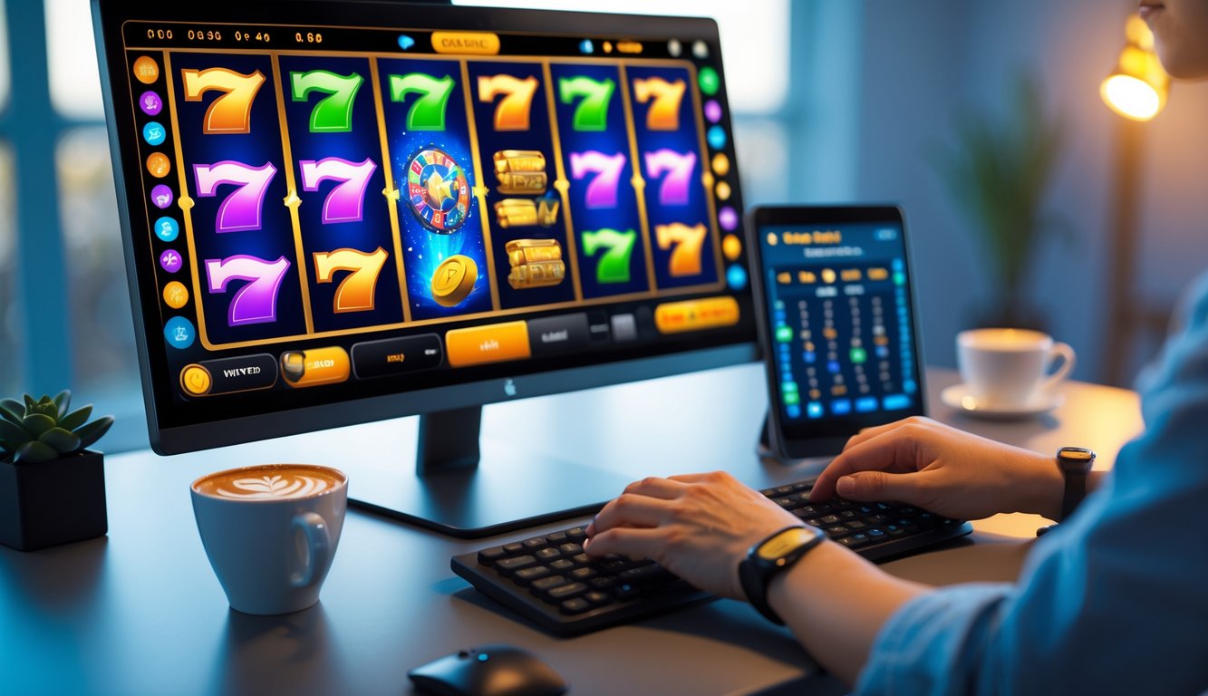 Seseorang sedang bermain permainan slot online di komputer dengan layar penuh warna dan suasana kerja yang nyaman.