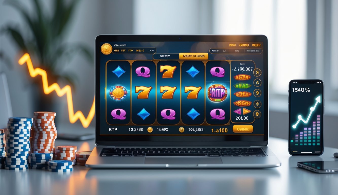 Seorang pemain menggunakan laptop dengan permainan slot online berwarna-warni di layar, dikelilingi oleh tumpukan chip poker dan grafik digital yang menunjukkan peningkatan RTP.