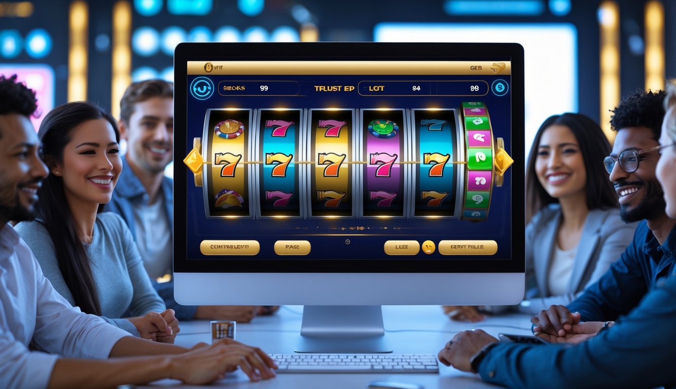 Orang-orang menggunakan komputer dengan tampilan mesin slot berwarna-warni, menunjukkan suasana bermain slot online yang terpercaya dan tersedia 24 jam.