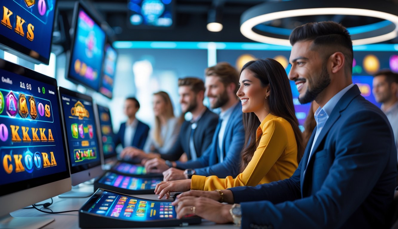 Orang-orang muda sedang bermain permainan slot online di komputer dan perangkat digital dalam ruangan modern.