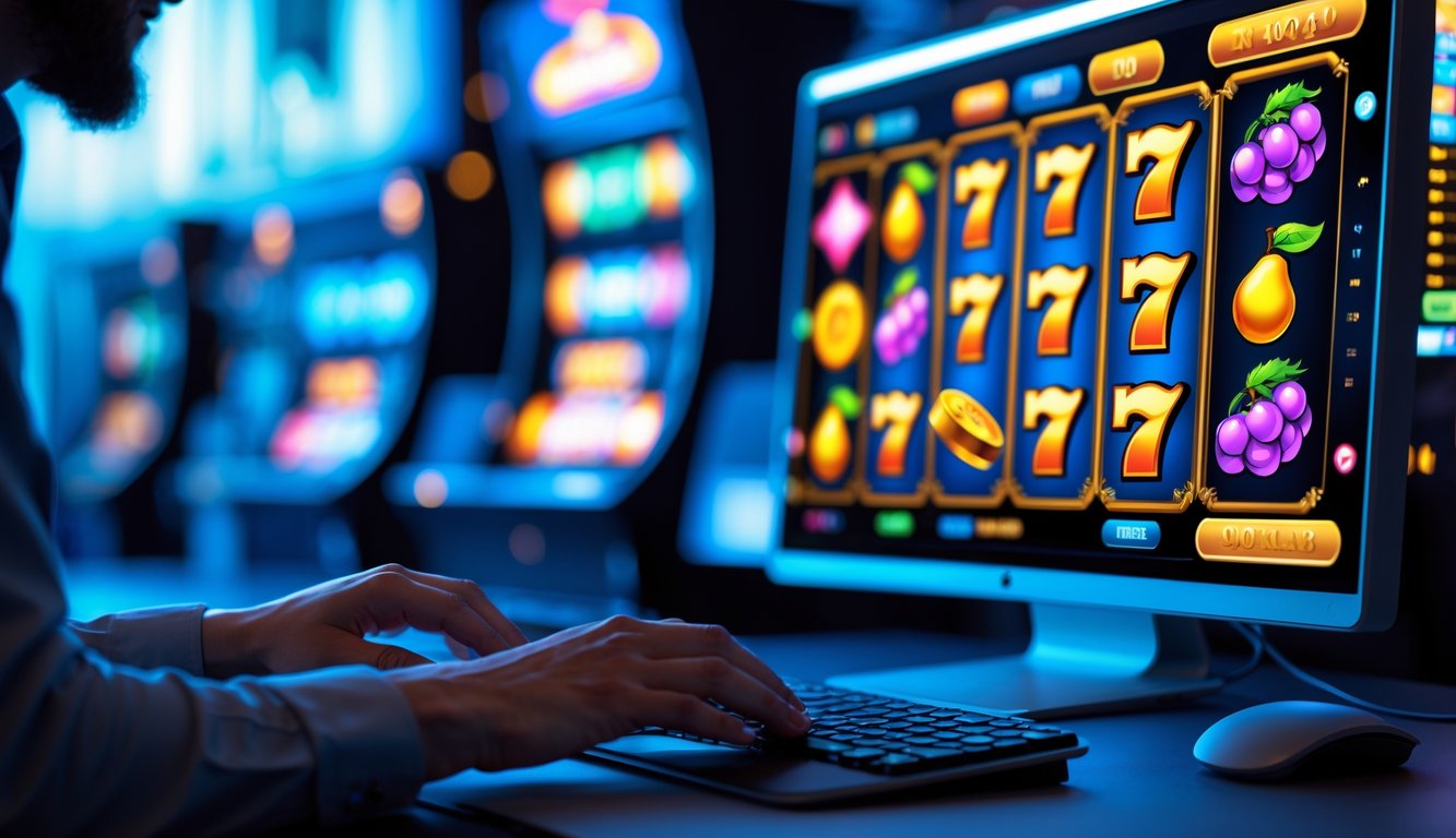 Seorang pengguna sedang bermain permainan slot online di komputer di ruang kerja modern yang terang dan rapi.