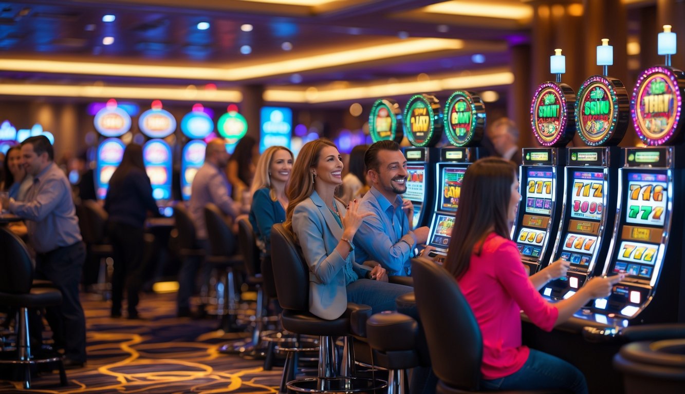 Area mesin slot di kasino yang ramai dengan pemain yang sedang bermain dan suasana yang cerah dan nyaman.