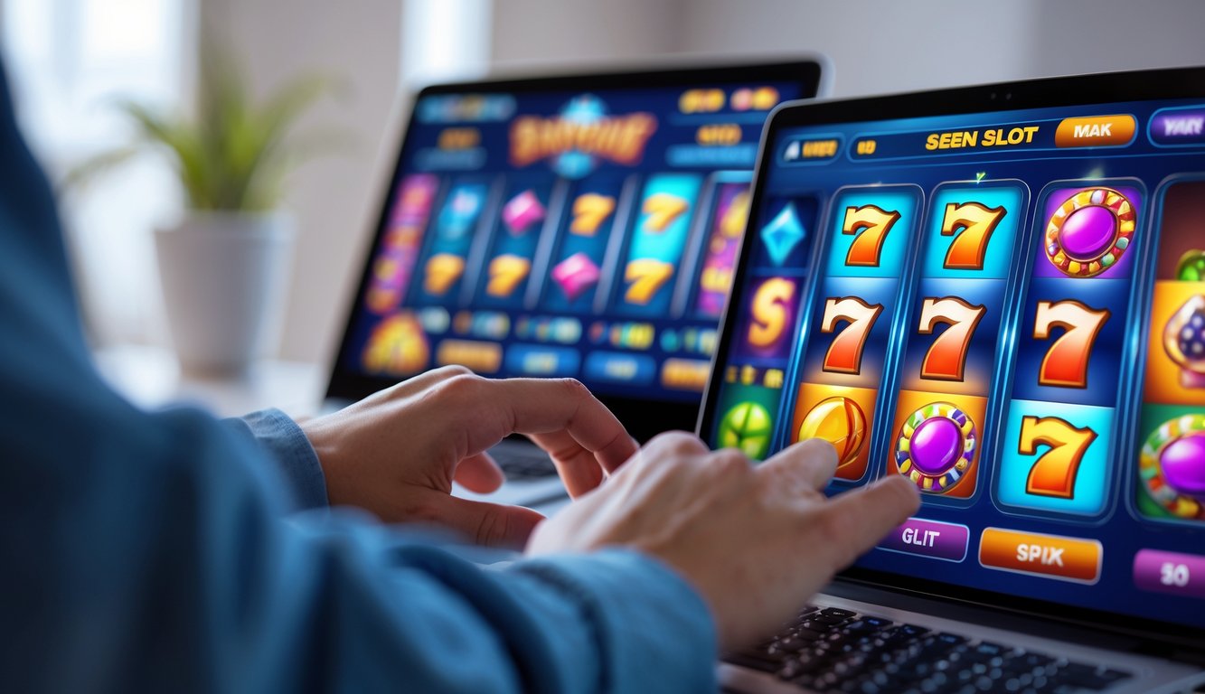 Orang menggunakan laptop dan ponsel dengan tampilan permainan slot online di layar.