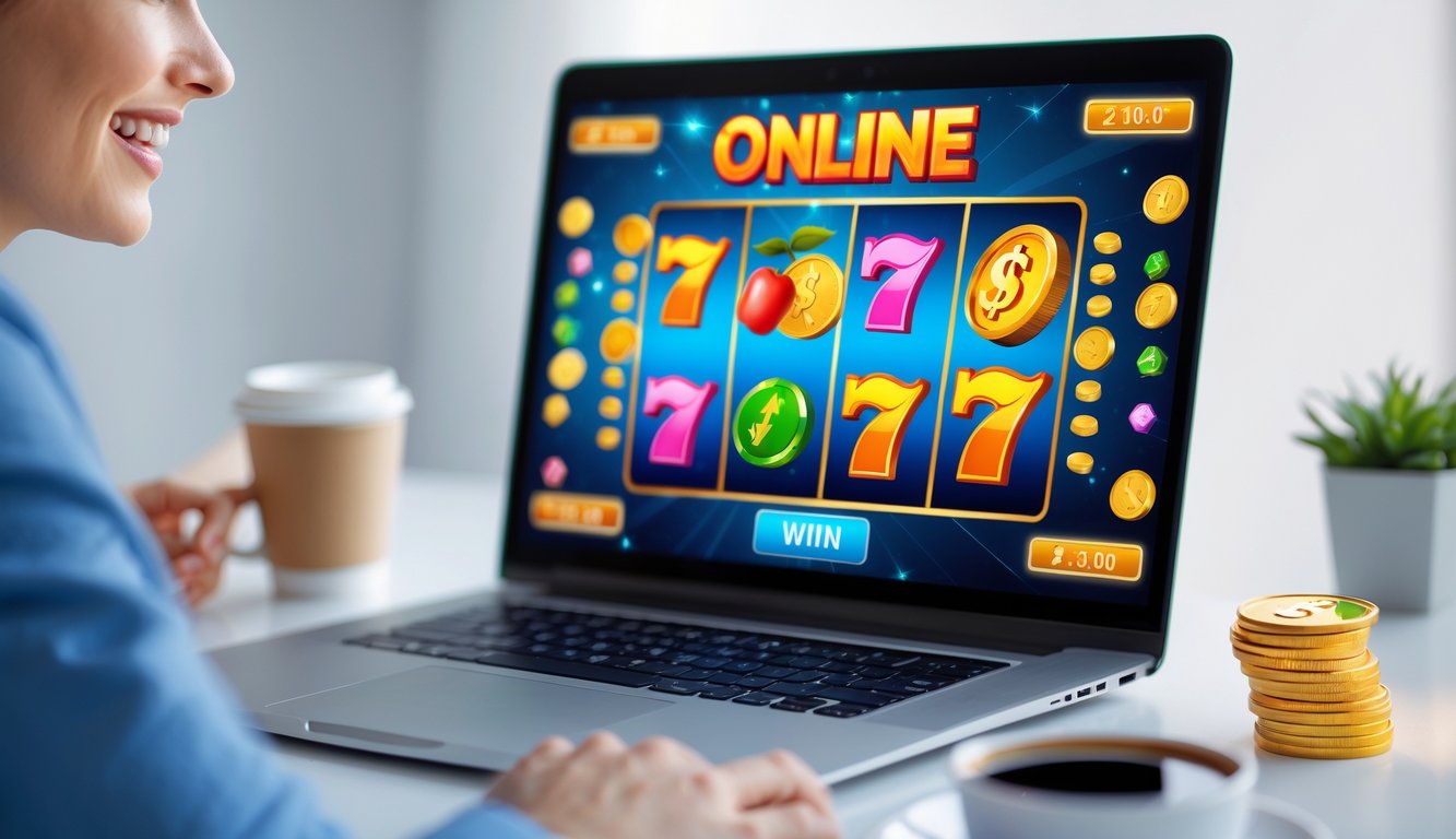 Seseorang menggunakan komputer dengan tampilan permainan slot online yang berwarna-warni dan ceria.