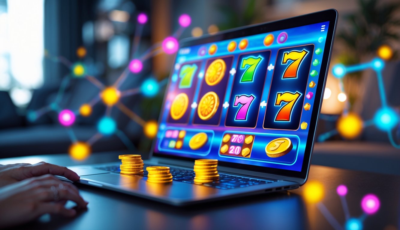 Seorang pengguna sedang bermain permainan slot online di komputer dengan latar belakang ruangan yang nyaman.