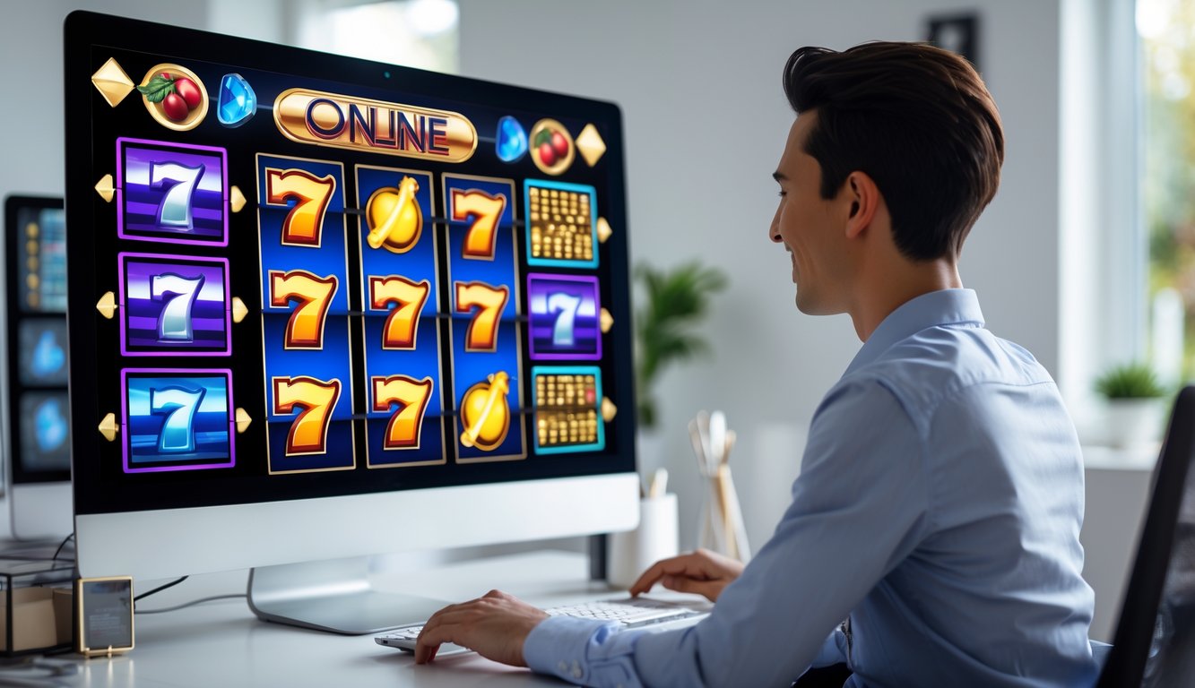 Seorang pria duduk di depan komputer di ruang kerja modern sambil bermain permainan slot online dengan layar menampilkan grafik mesin slot berwarna-warni.