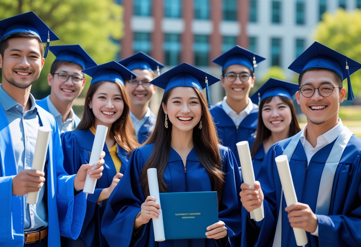 گروهی از دانشجویان در لباس فارغ‌التحصیلی در فضای باز، در حال جشن گرفتن دریافت مدرک دانشگاهی