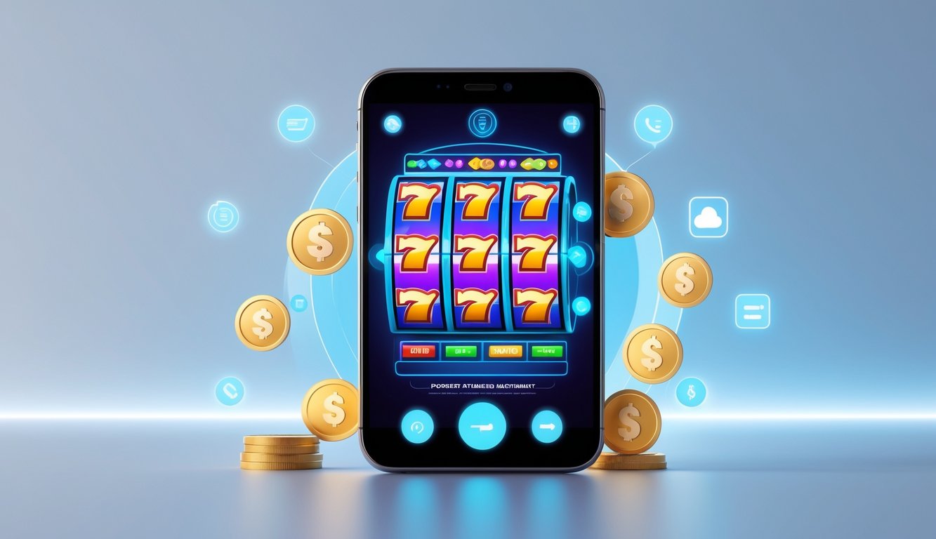 Smartphone menampilkan permainan slot online dengan ikon pembayaran digital di sekitar layar.