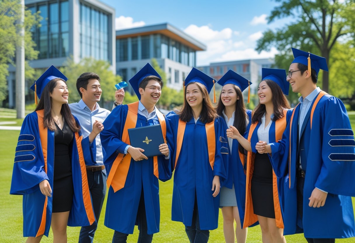 گروهی از جوانان در لباس فارغ‌التحصیلی در فضای باز دانشگاه، در حال جشن گرفتن دریافت مدرک تحصیلی.