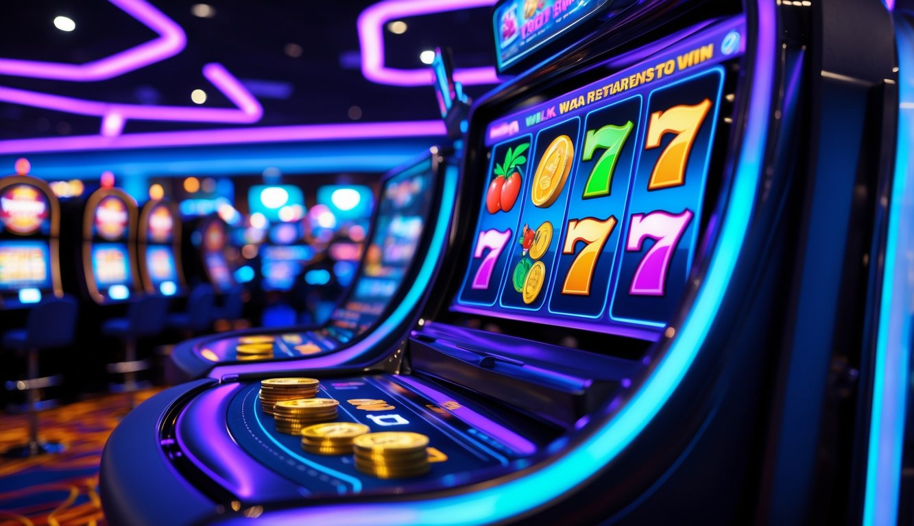 Mesin slot digital modern dengan lampu neon berwarna biru dan ungu di dalam kasino yang ramai.
