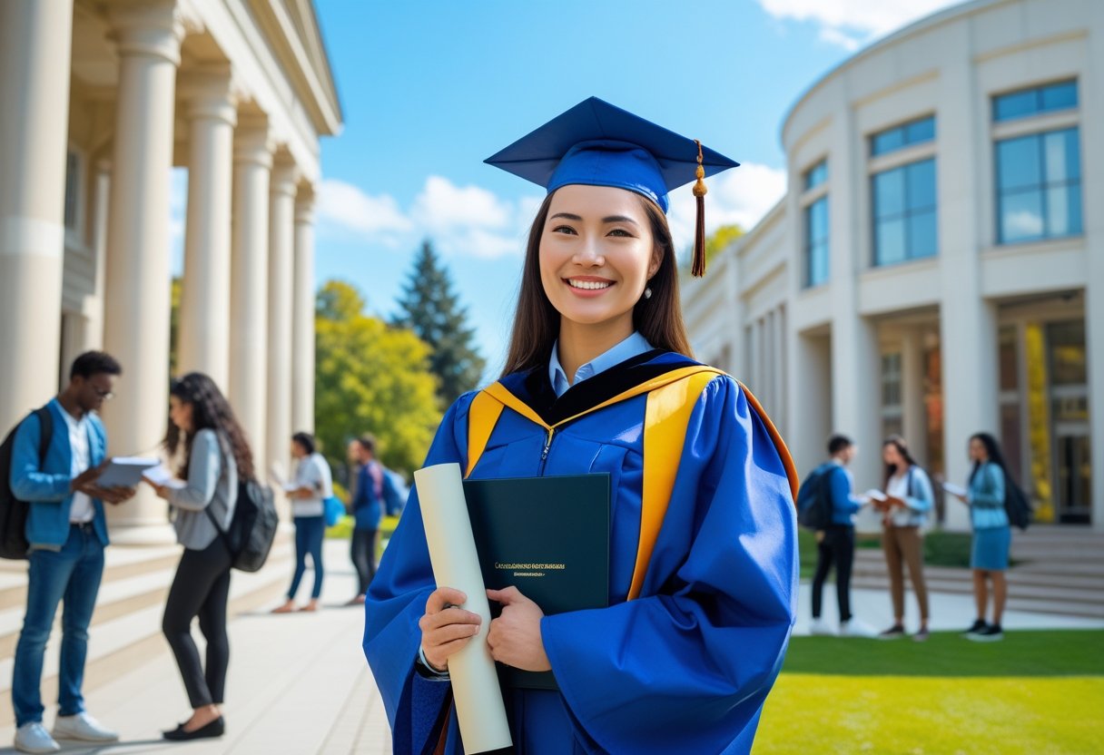 دانشجوی فارغ‌التحصیل با لباس دانشگاهی و مدرک در دست، ایستاده در محیط دانشگاهی روشن و پرانرژی