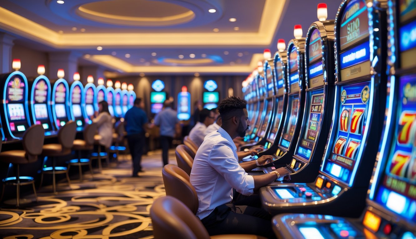 Orang-orang bermain mesin slot berwarna-warni di dalam kasino yang terang dan bersih.