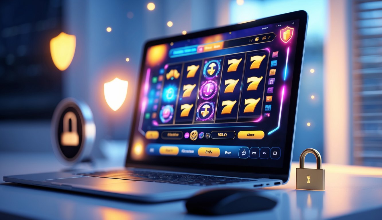Seorang pengguna bermain permainan slot online terbaru di komputer dengan latar belakang yang hangat dan elemen keamanan terlihat.