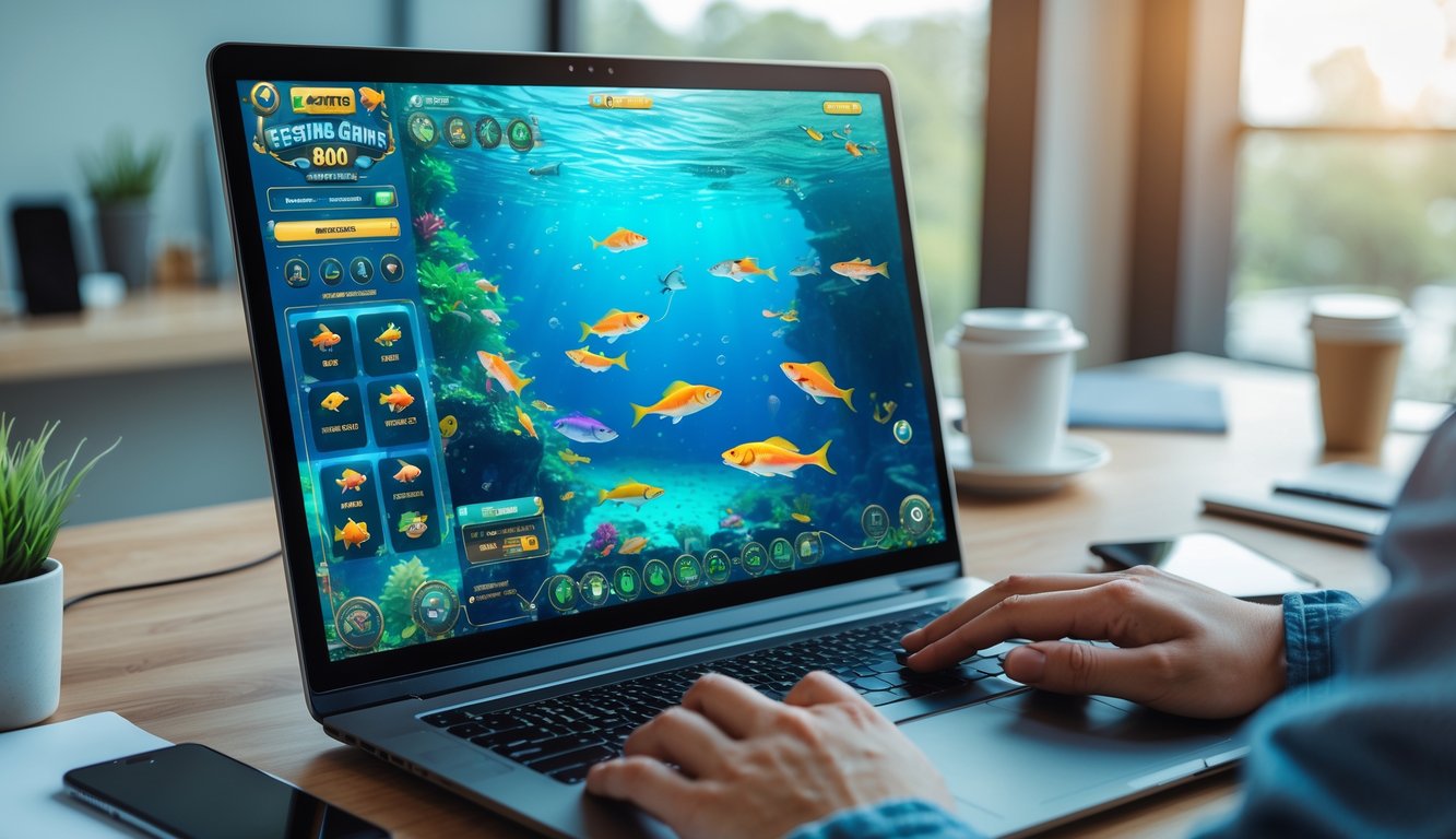 Seseorang bermain permainan memancing online dengan uang asli di depan komputer di ruang kerja yang nyaman.