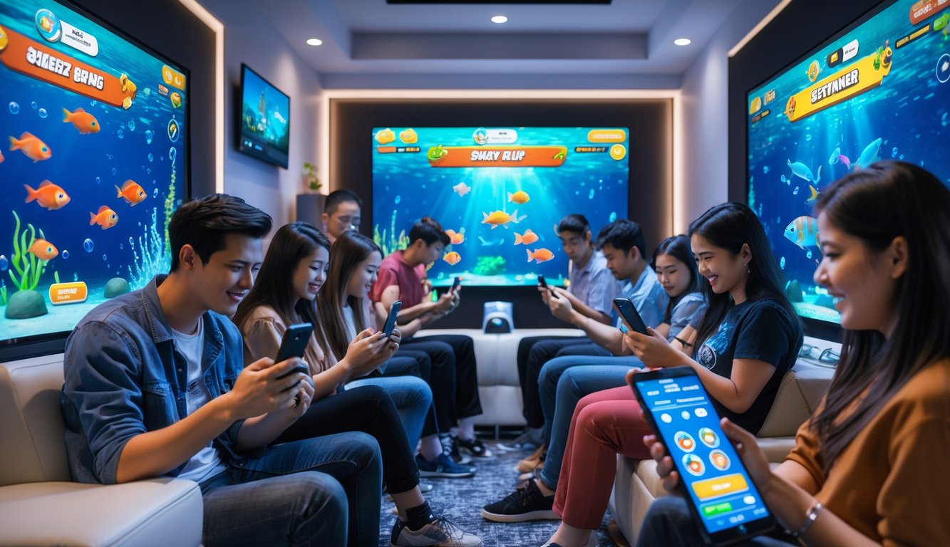 Sekelompok orang muda bermain game tembak ikan secara online menggunakan ponsel di ruangan modern.
