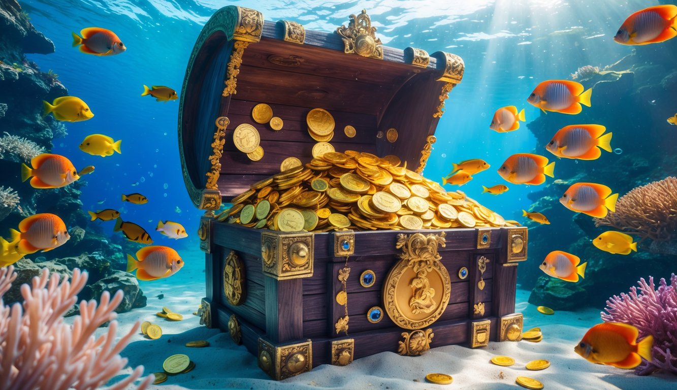 Pemandangan bawah laut dengan ikan warna-warni mengelilingi peti harta karun besar yang penuh dengan koin emas dan permata.