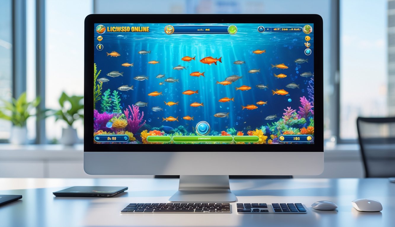 Layar komputer menampilkan permainan tembak ikan dengan berbagai ikan berwarna-warni di lingkungan kantor yang terang dan bersih.