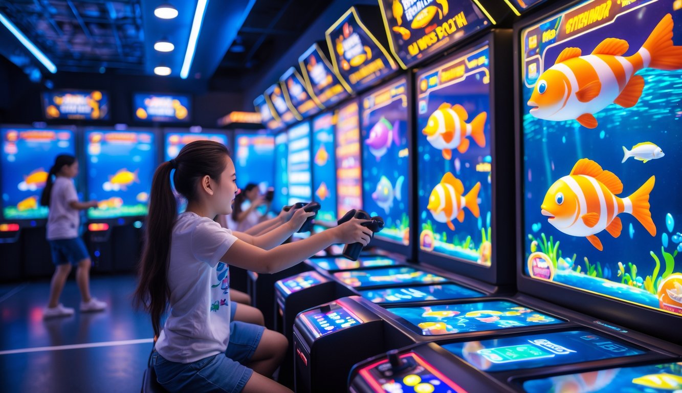 Orang-orang sedang bermain game tembak ikan di sebuah arcade dengan layar penuh warna dan suasana yang hidup.