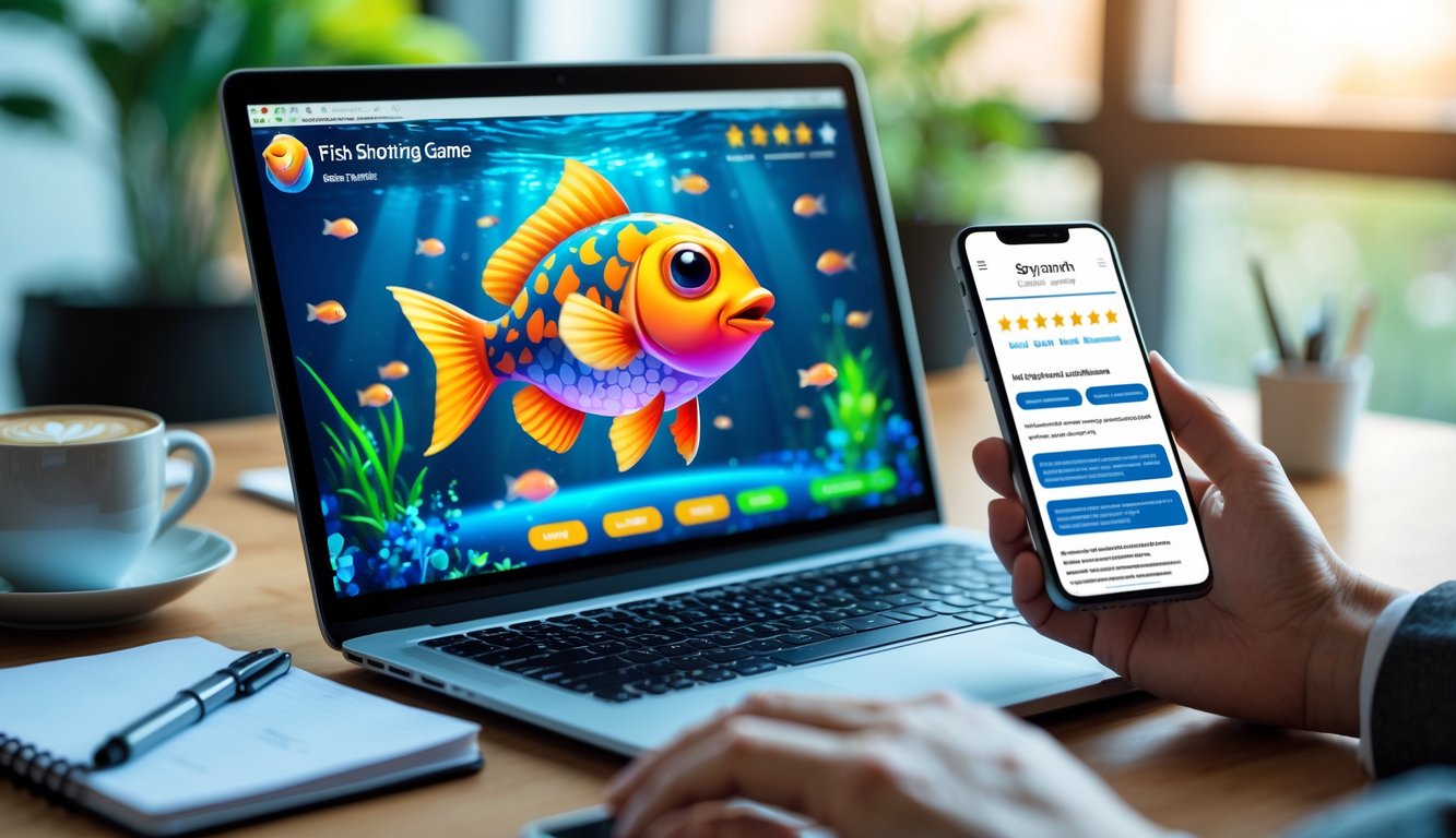 Sebuah ruang kerja modern dengan laptop yang menampilkan permainan tembak ikan dan tangan seseorang memegang ponsel yang menunjukkan situs ulasan dengan bintang dan komentar pengguna.