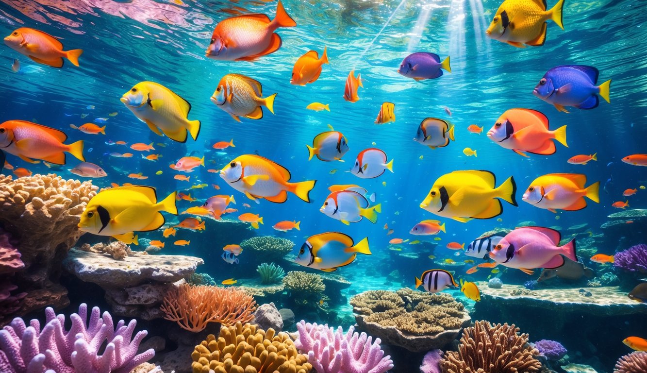 Pemandangan bawah laut dengan berbagai ikan tropis berwarna-warni berenang di antara terumbu karang.