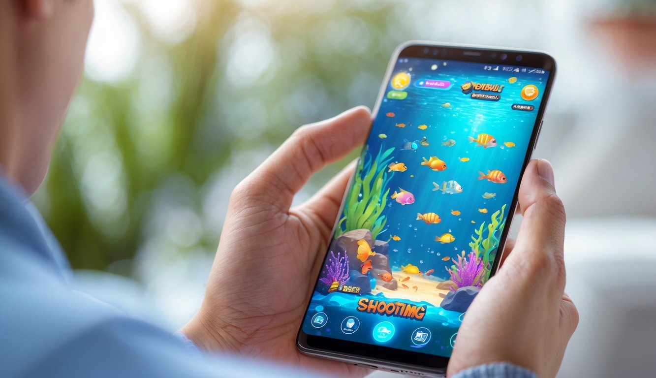 Seseorang memegang ponsel Android yang menampilkan permainan ikan di layar dengan latar belakang samar.