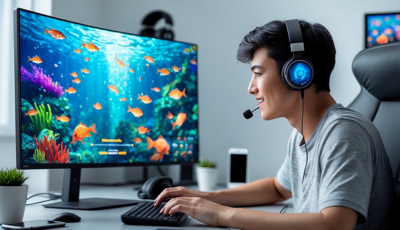 Seseorang sedang bermain game tembak ikan online di depan komputer di ruang kerja rumah.