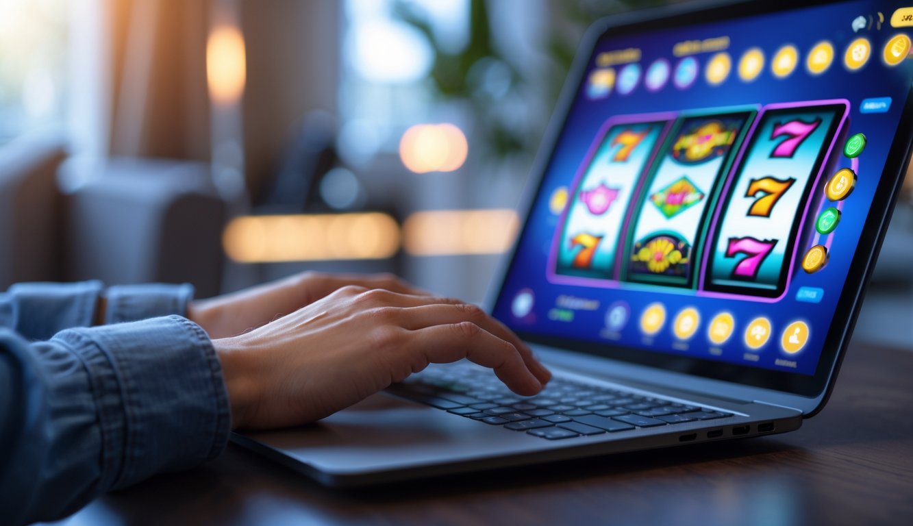 Tangan seseorang menggunakan laptop yang menampilkan permainan slot online dengan latar belakang ruangan modern dan pencahayaan hangat.