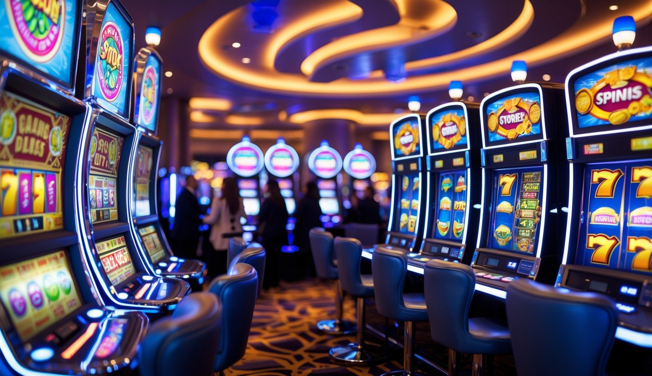 Area mesin slot modern dengan mesin slot berwarna cerah dan beberapa orang bermain di latar belakang.