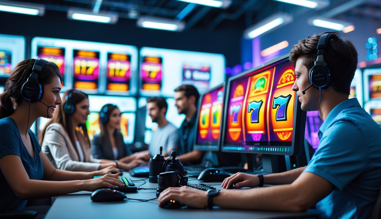 Sekelompok orang muda menggunakan komputer dengan tampilan permainan slot warna-warni di layar di sebuah kantor modern.