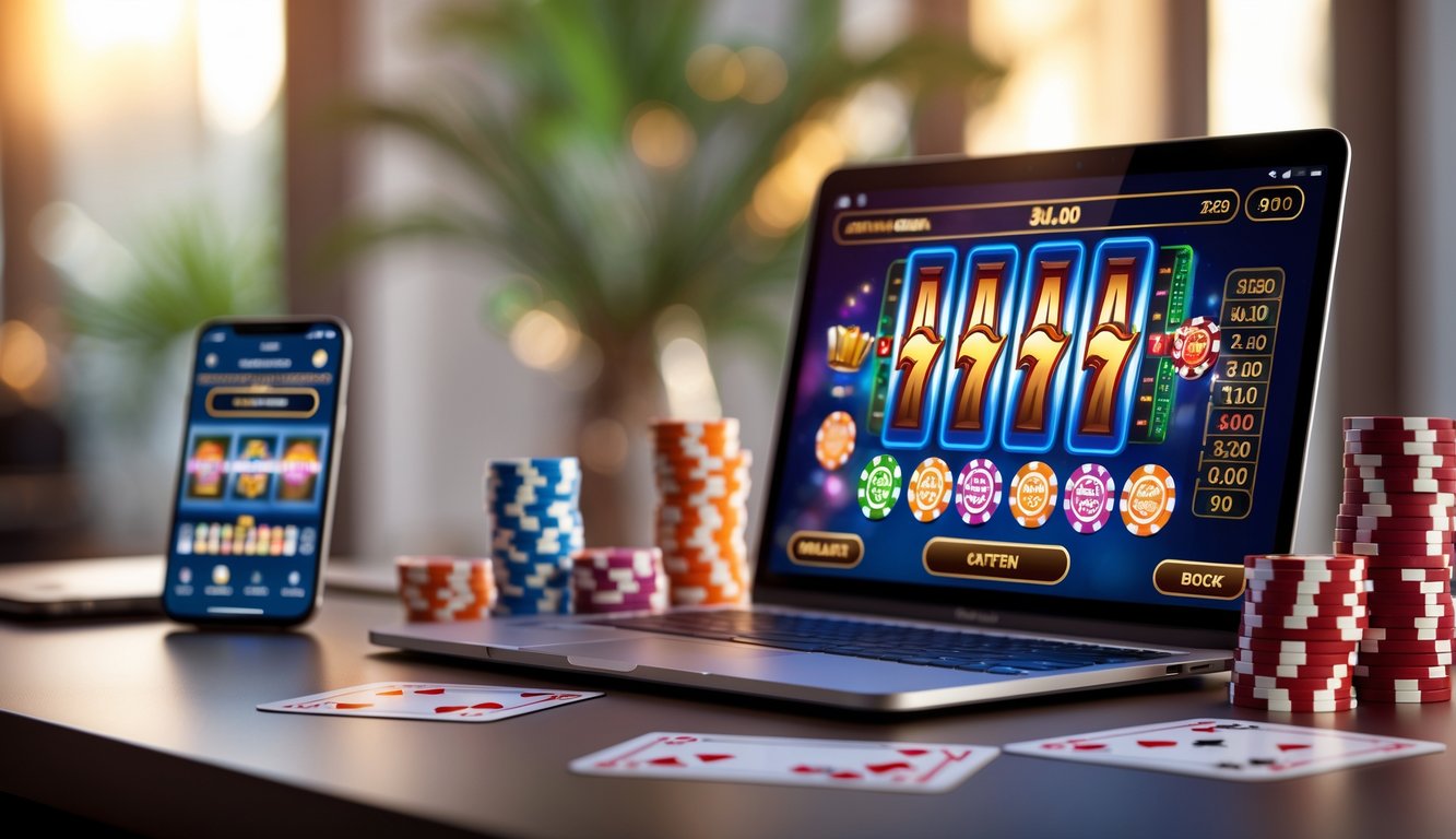 Sebuah ruang kerja modern dengan laptop menampilkan permainan slot online, dikelilingi oleh chip poker dan kartu remi.