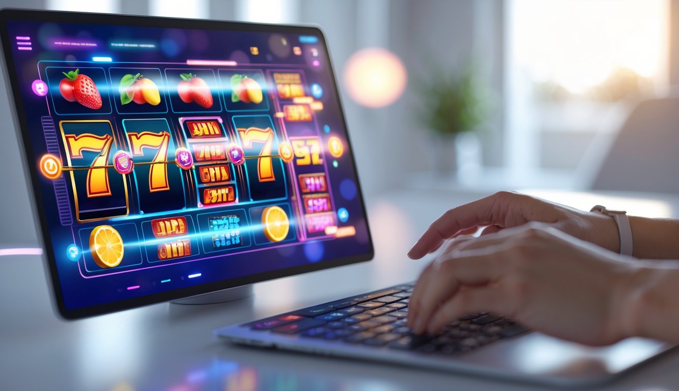 Seseorang menggunakan perangkat digital dengan tampilan permainan mesin slot yang berwarna-warni di layar.