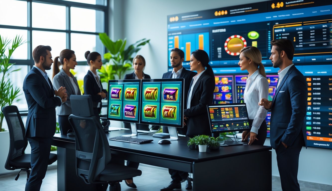 Sekelompok profesional sedang berdiskusi di kantor modern dengan layar komputer menampilkan grafik permainan slot dan statistik RTP.